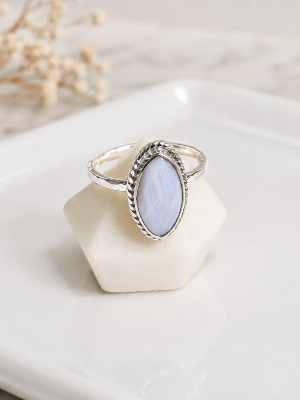 Blue Lace Agate Marquise Ring | Sterling Silver